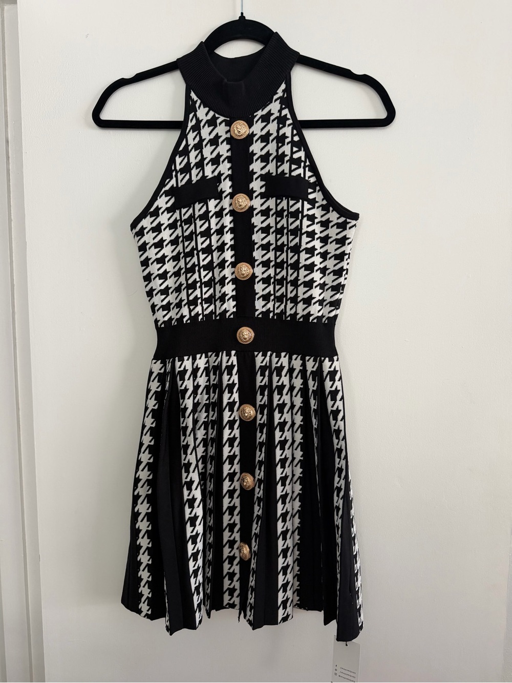 Black & White Houndstooth Halter Mini Dress with Gold Buttons